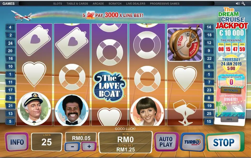 The Love Boat reels with wild symbols lined up on a payline