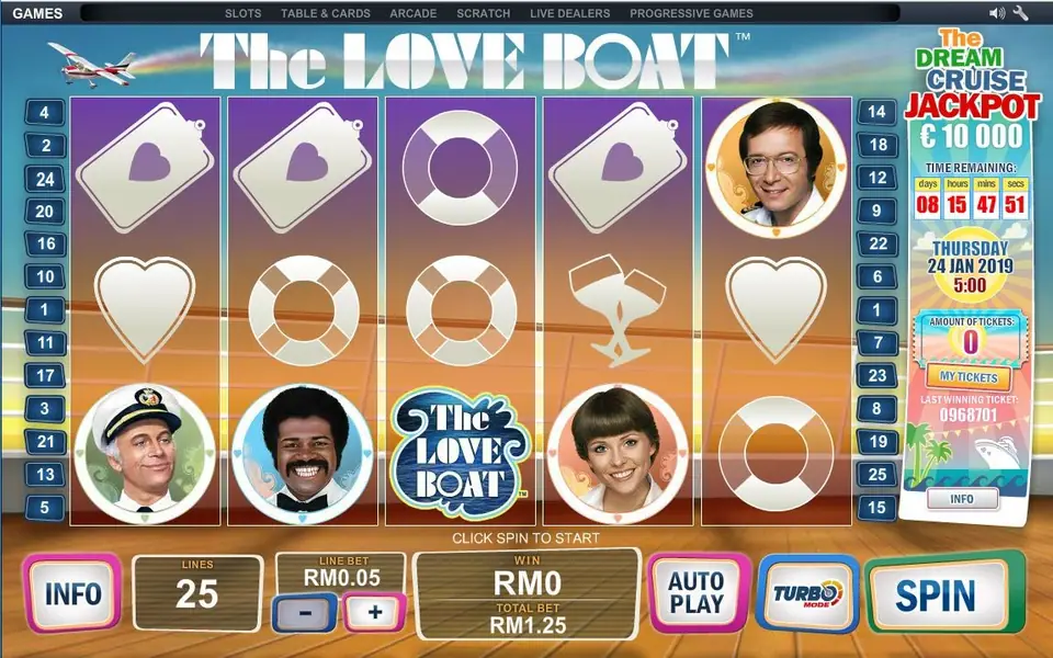 Free spins round in The Love Boat with a feature banner above the reels