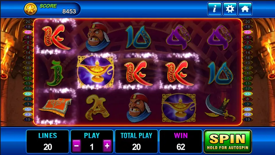 Aladdin reels with vases, market stalls and the oasis symbol