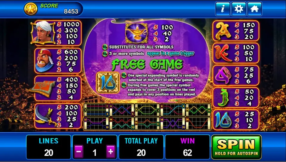 Aladdin paytable showing the lamp scatter and magic carpet prizes