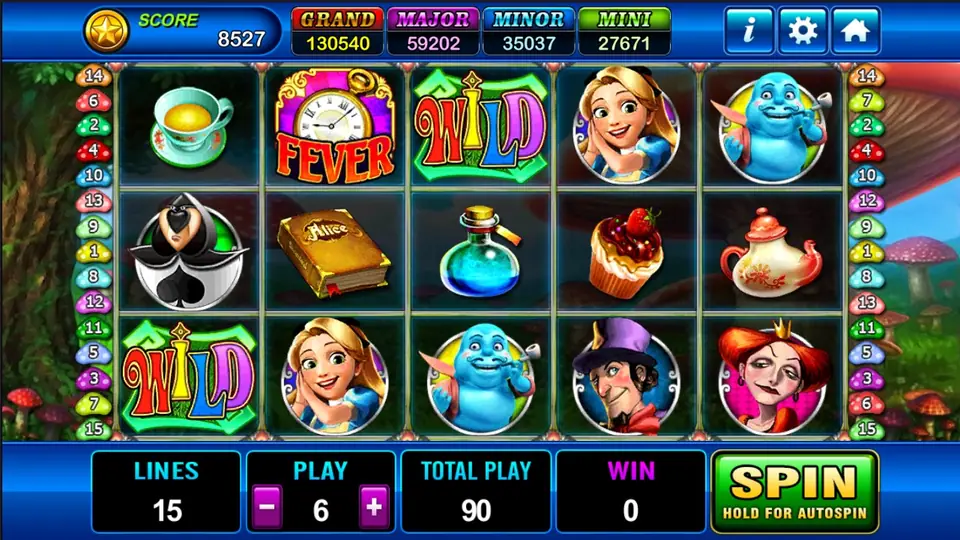 Alice slot reels with Wonderland symbols and Alice on the left reel