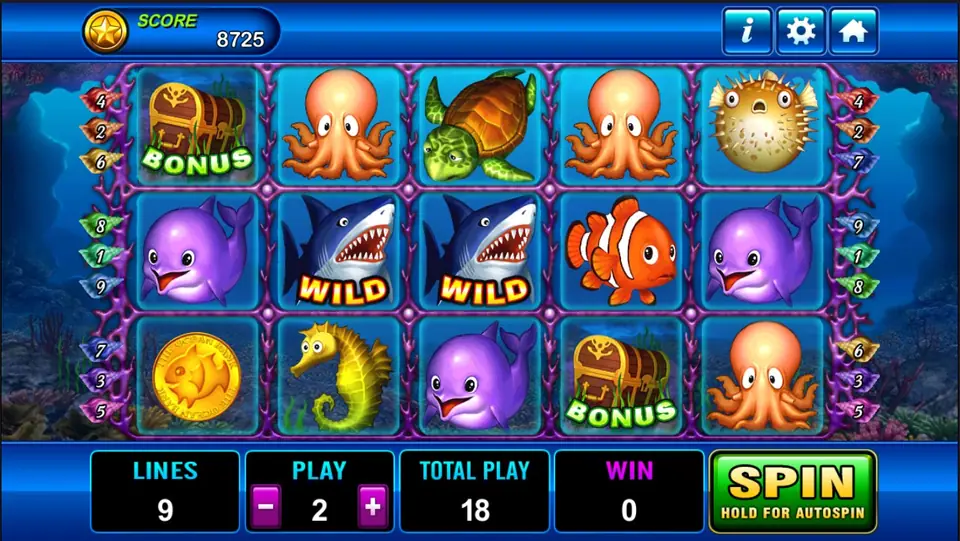 Dolphin slot reels under the sea with turtles, seahorses and a dolphin