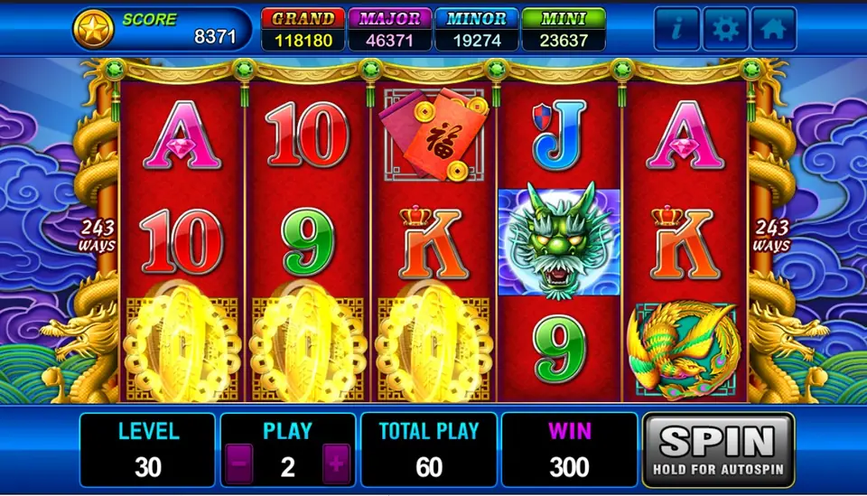 Dragons Legend five-by-four reels with 50 paylines marked