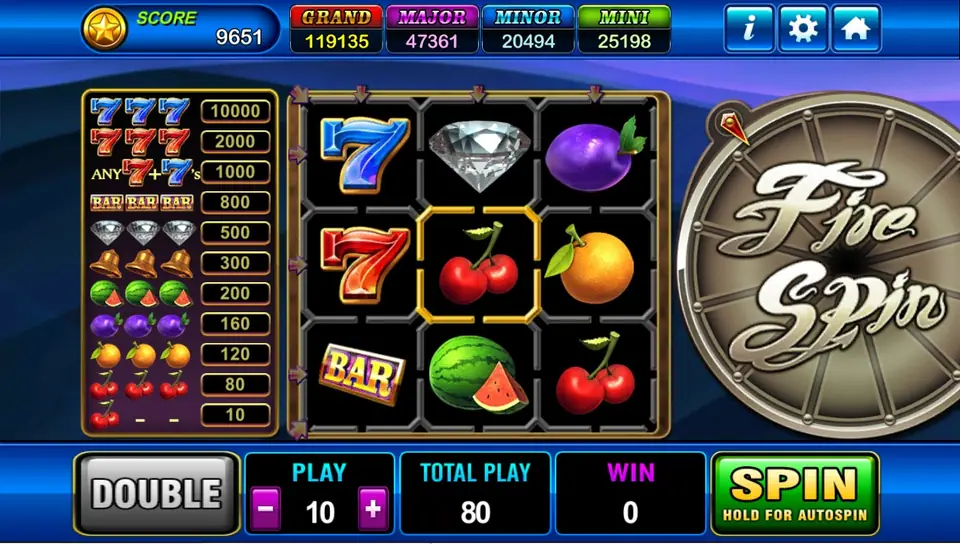 Fire Spin slot machine screen with flaming reels and jackpot meters
