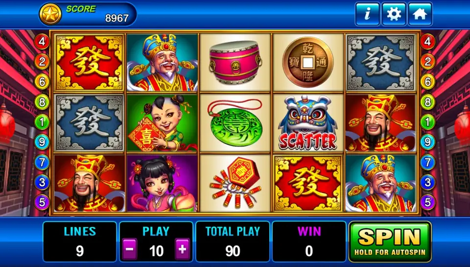 God of Wealth slot with the smiling deity above five reels