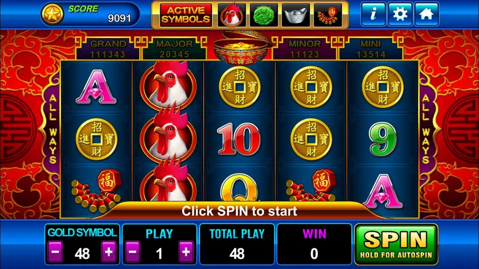 Golden Rooster slot reels on a farm with fields, fence and forest