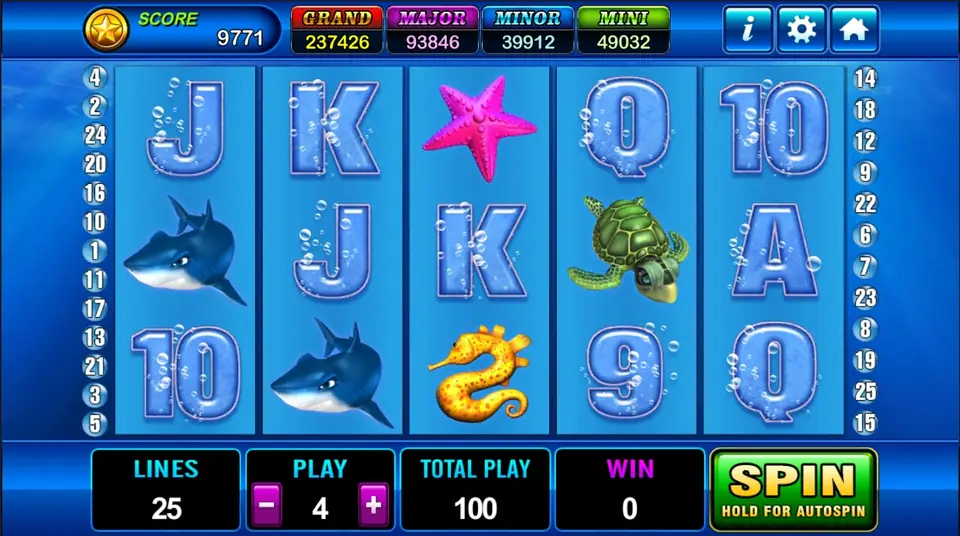 Grand Blue slot reels on a blue underwater background with sea creatures