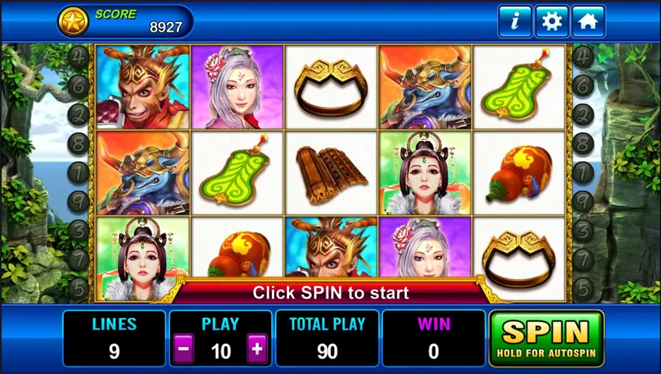 Monkey King slot reels with Sun Wukong holding his staff in the clouds