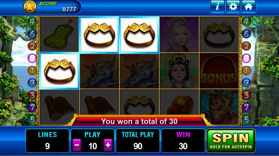 Monkey King bet buttons below the reels with total bet in the centre