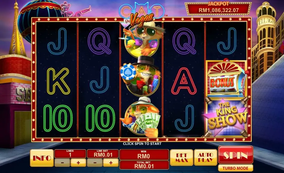 Cat in Vegas slot on Rollex11 with a cool cat on the Las Vegas strip