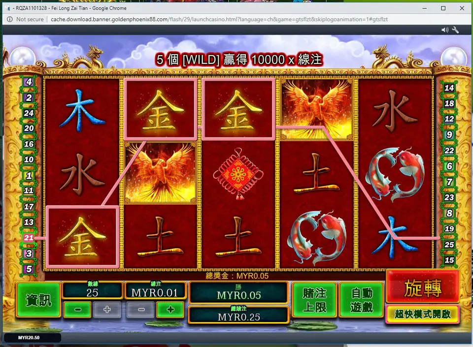 Fei Long Zai Tian reels on Rollex11 with frog and koi symbols