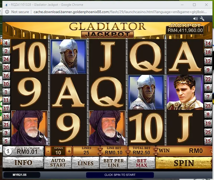 Gladiator Jackpot title screen with the Roman arena behind the reels