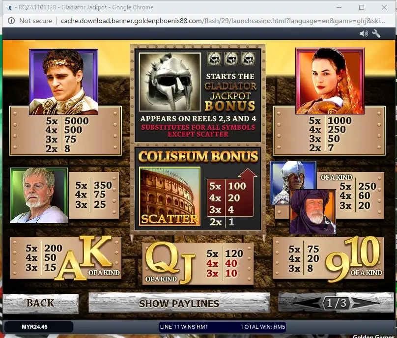 Paytable screen for Gladiator Jackpot with the character symbol values