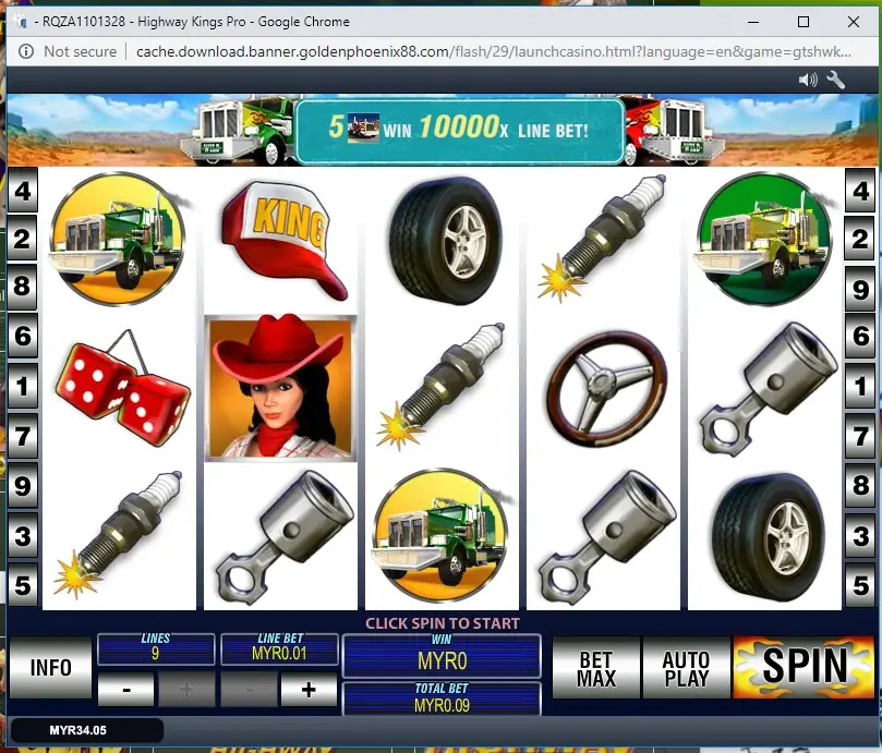 Paytable for Highway Kings Pro showing the coloured trucks and roadside symbols