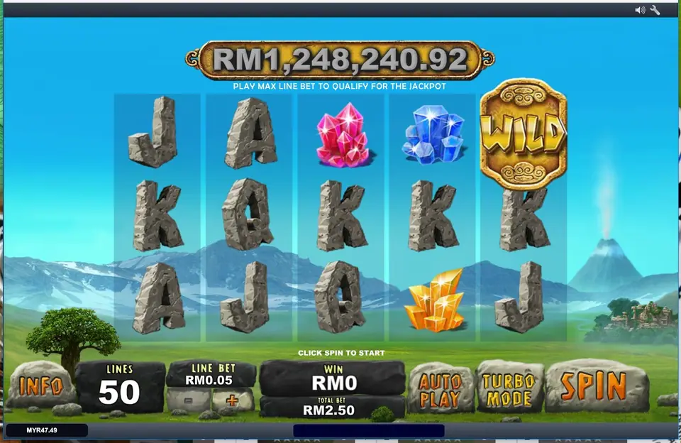 Jackpot Giant reels on a sunny island with volcanoes in the distance