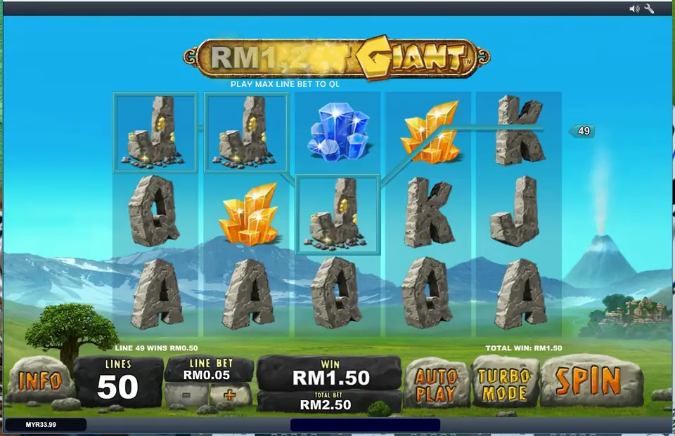 Bonus screen with six giants standing behind smoking volcanoes