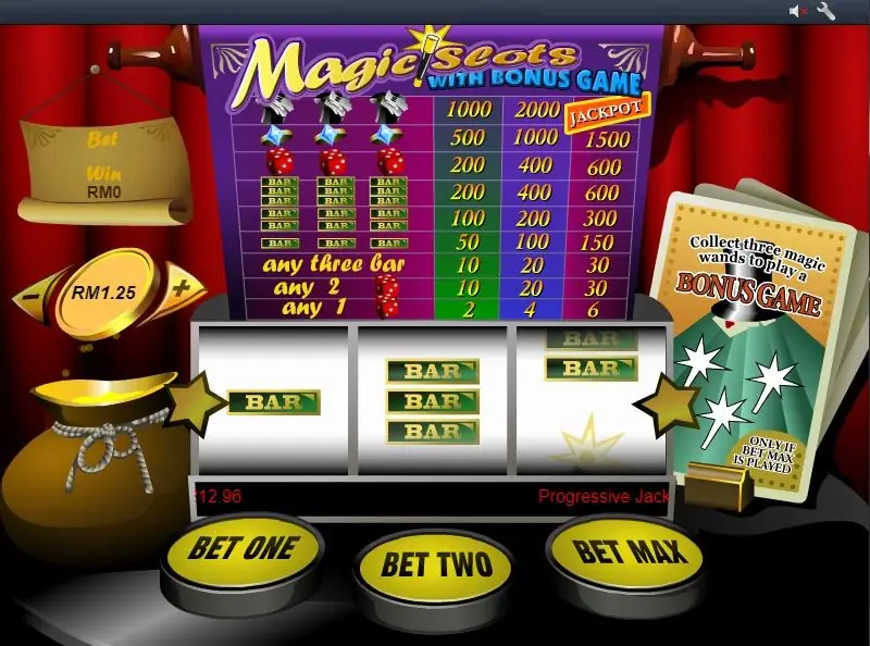 Magic Slot reels with classic symbols under a magician's stage