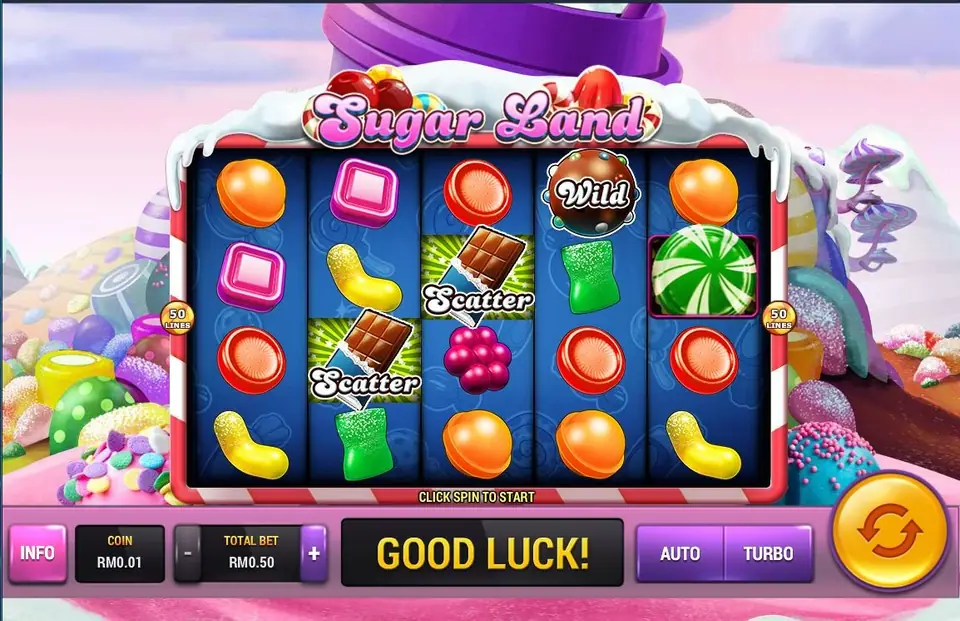 Sugar Land base game with candy symbols on the reels