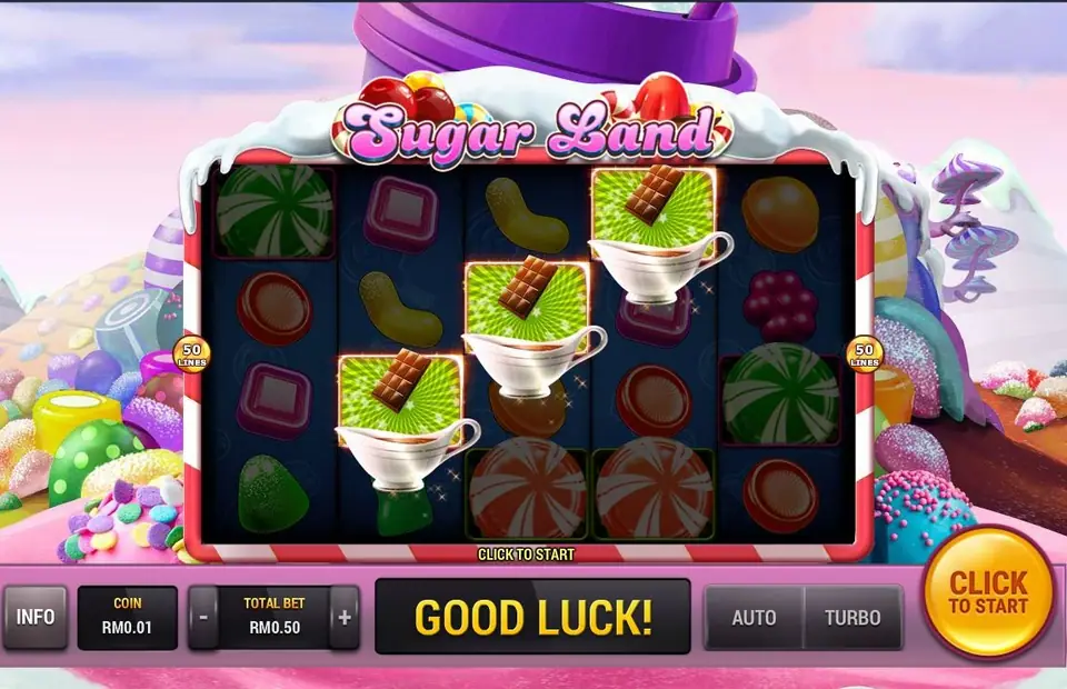 Paytable screen for Sugar Land showing the sweet symbols