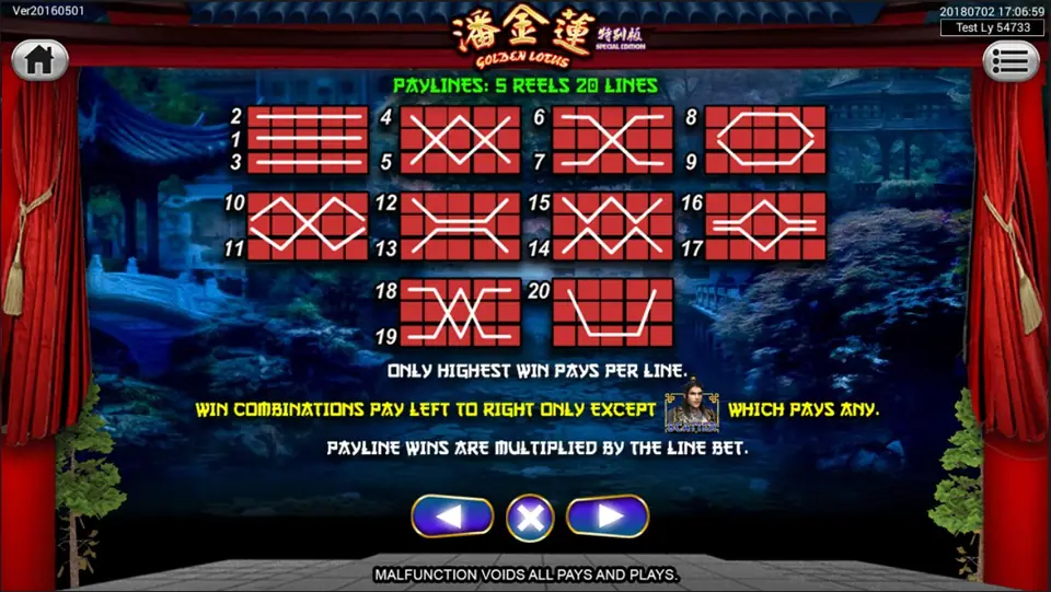 Paytable page for Golden Lotus on Sky777
