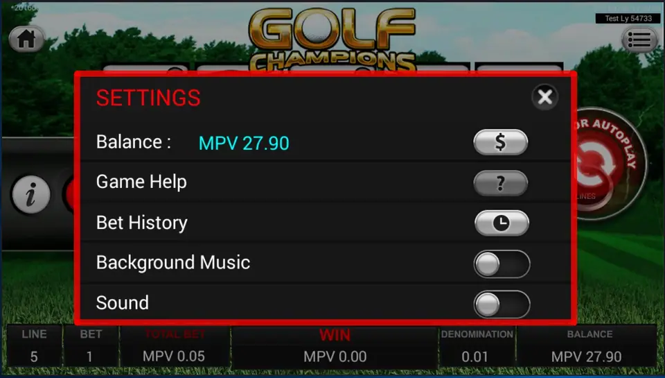 Golf Champions reels with golf ball and trophy symbols
