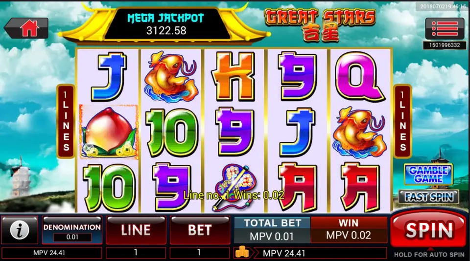 Great Stars total bet display after setting lines and coins