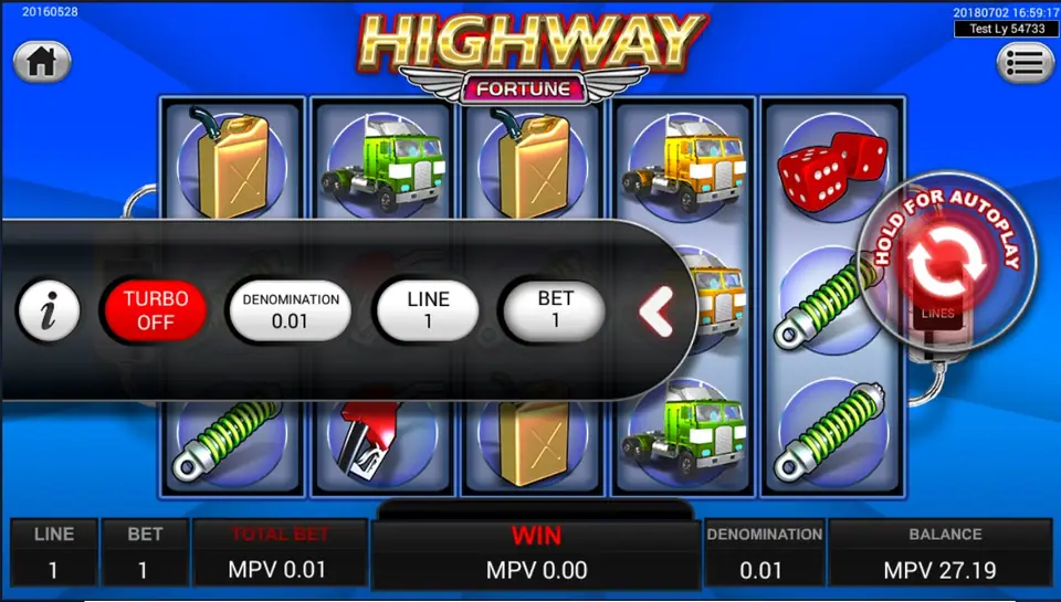 Highway Fortune reels with car symbols against a blue background