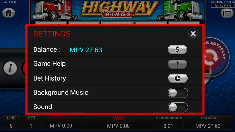 Paytable for Highway Kings showing the truck symbol values