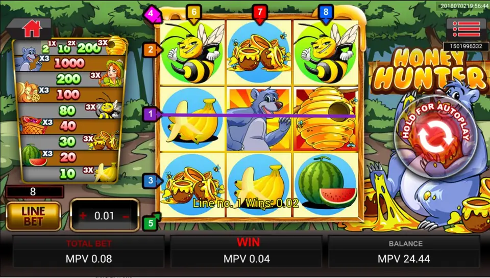 Three matching symbols forming a win on a Honey Hunter payline