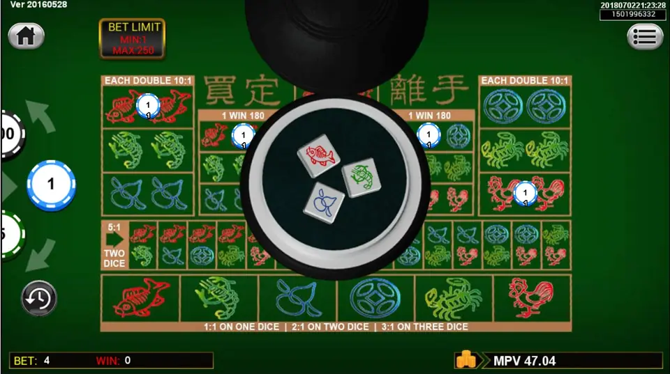 Hulu Cock betting table with picture symbols on Sky777