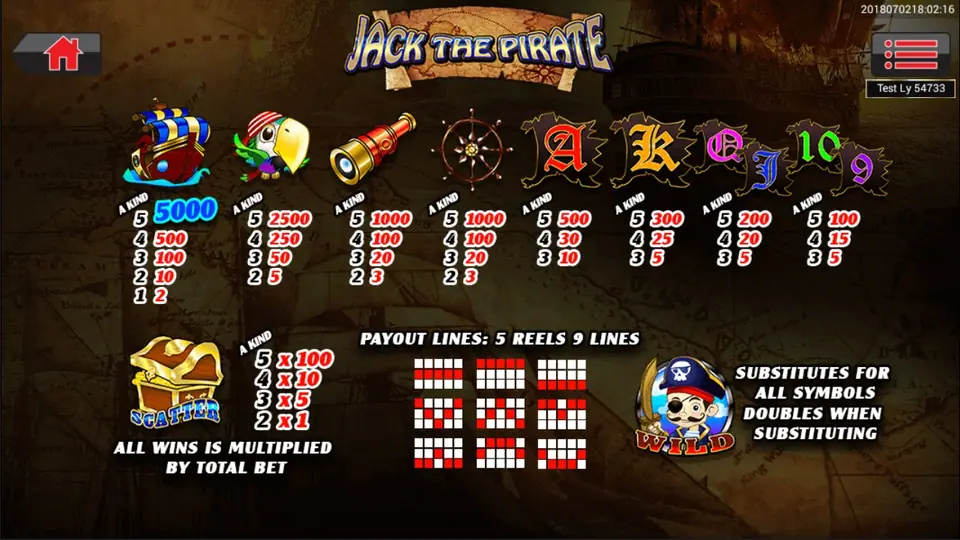 Paytable for Jack The Pirate listing five and six symbol wins