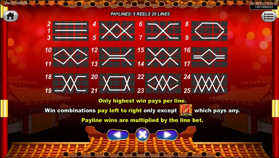 Paytable for Jing Shi Bai Nian Festival Lion listing the festival symbols
