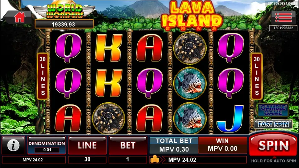 Lava Island reels with a smoking volcano and tropical island behind
