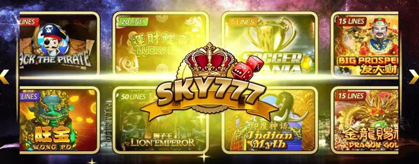 Sky777 slot platform banner with game artwork